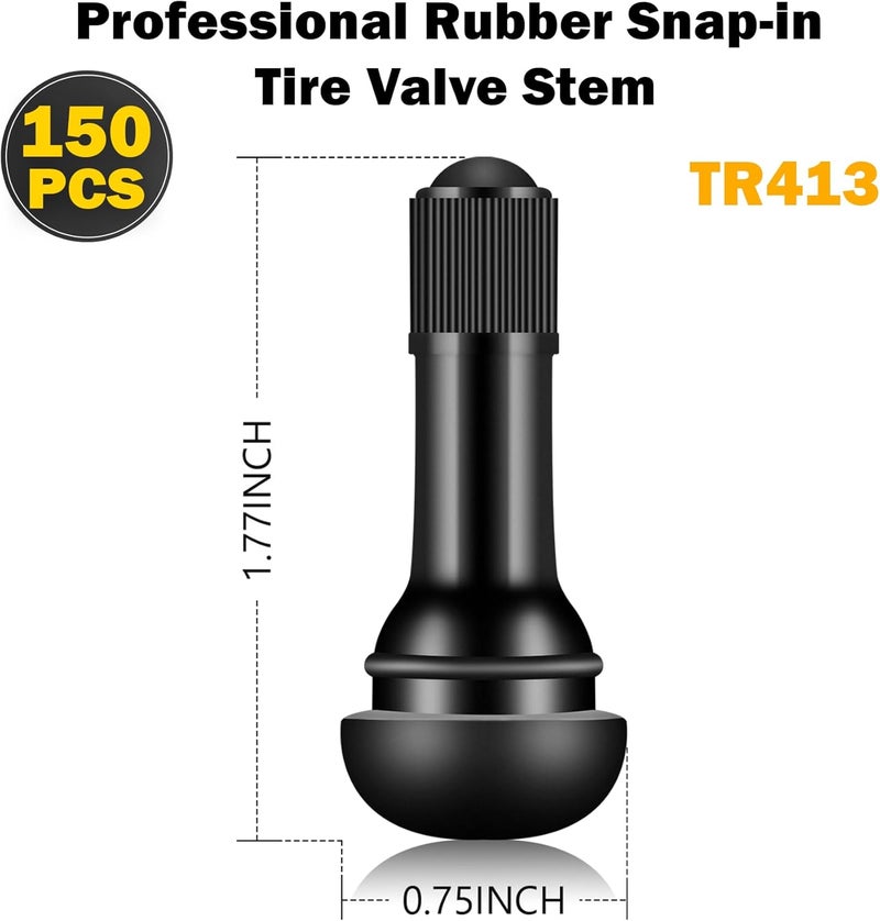 Tottist Tire Valve Stems Rubber Black Rubber Snap-in Valves,Tubeless Valve Stems Suit for 0.453 inch Rim Holes on Standard Vehicle Tires (150pcs（TR413-150pcs）) - Image 2